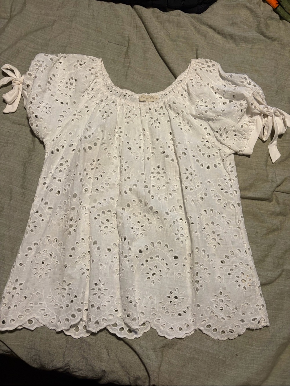 Cynthia Rowley White Eyelet Off-Shoulder Tie-Sleeve Top